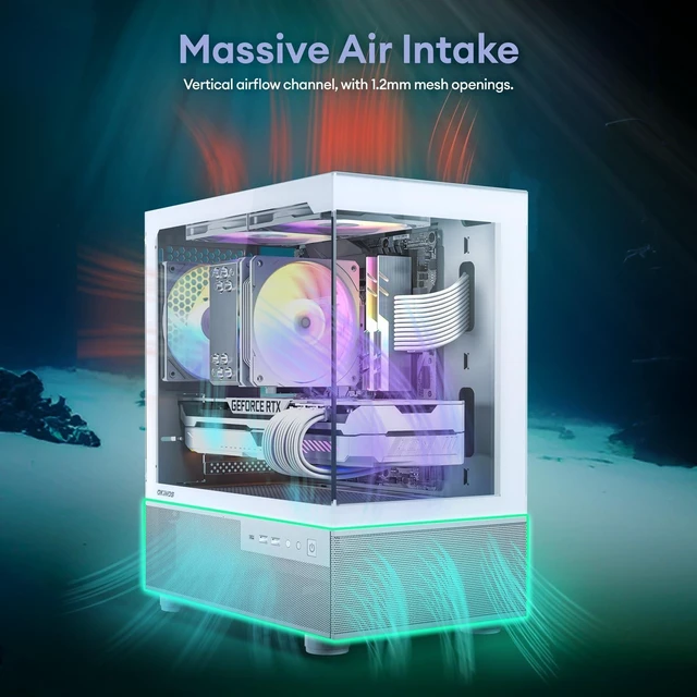 Alt view image 8 of 10 - Okinos Aqua 3, Micro ATX Case, MATX PC Case with 3 X 120mm 3-Pin ARGB Fan Pre-Installed, Panoramic View Tempered Glass Front & Side Panel, with Type C Port, Black