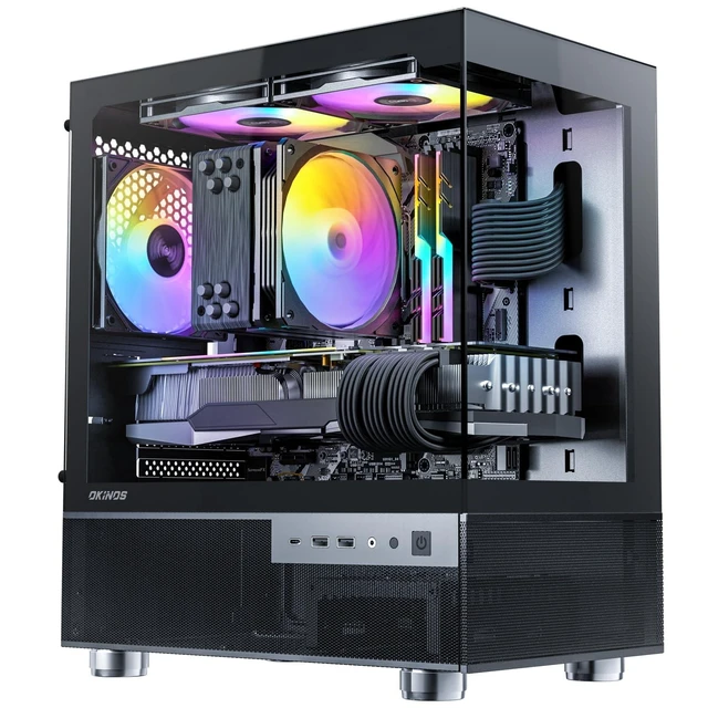 Alt view image 6 of 10 - Okinos Aqua 3, Micro ATX Case, MATX PC Case with 3 X 120mm 3-Pin ARGB Fan Pre-Installed, Panoramic View Tempered Glass Front & Side Panel, with Type C Port, Black