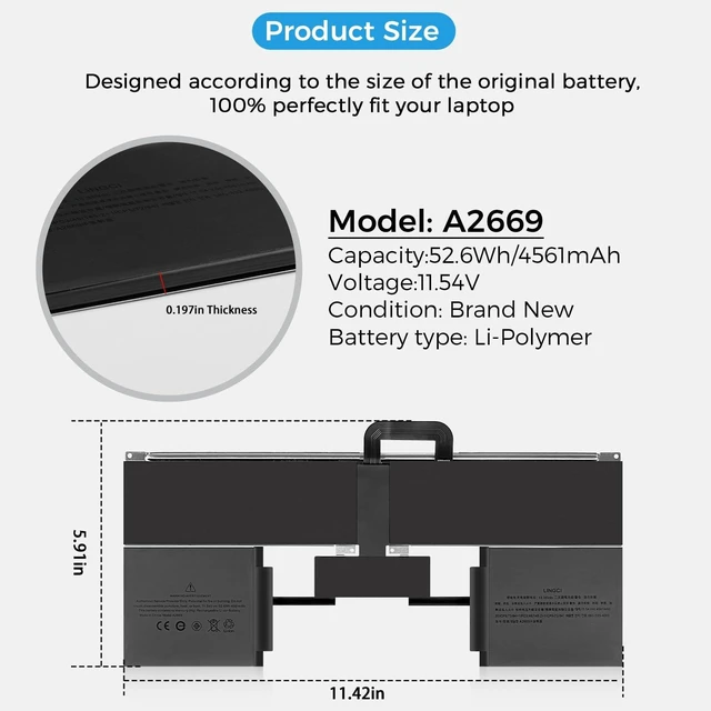 Alt view image 10 of 10 - LINGCI A2681 Battery,A2669 Battery Replacement for MacBook Air 13" A2681(M2,2022) A3113(M3,2024) (Upgraded High Performance 11.54V 52.6Wh 4561mAh)