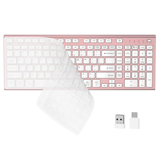 Alt view image 6 of 10 - FENIFOX Wireless Silent Keyboard, Ultra Quiet USB C Low Profile Compact Full Size with Number Pad Flat Slim Thin Soft Touch for Mac Computer MacBook iMac PC Laptop Desktop Office (Pink Rose Gold)