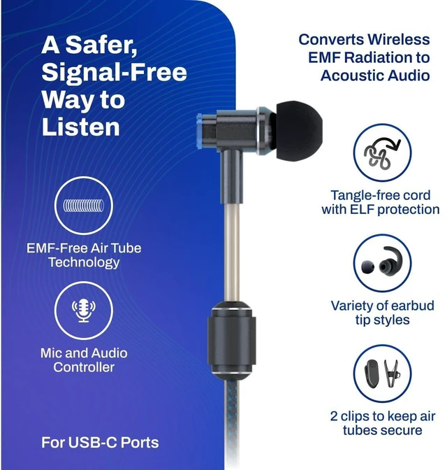 Alt view image 8 of 10 - DefenderShield Air Tube Stereo Earbuds USB-C - Universal Acoustic Wired Headphones with Mic & Volume Control