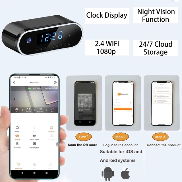 Alt view image 8 of 10 - Aiacmea Wireless Hidden Camera Clock, 1080P HD Nanny Cam with Auto Night Vision for Home Monitoring, Indoor Motion Detection & Phone Alerts, 24H Display, Rechargeable Battery