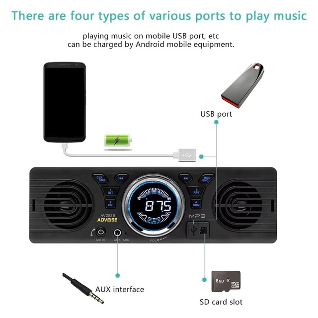 Alt view image 7 of 10 - wepeculior Car Stereo with 2 Speakers, Bluetooth Car Radio Audio Player Support FM Radio/USB/TF Card/AUX in, Universal 1 Din 12V Car Audio Receivers