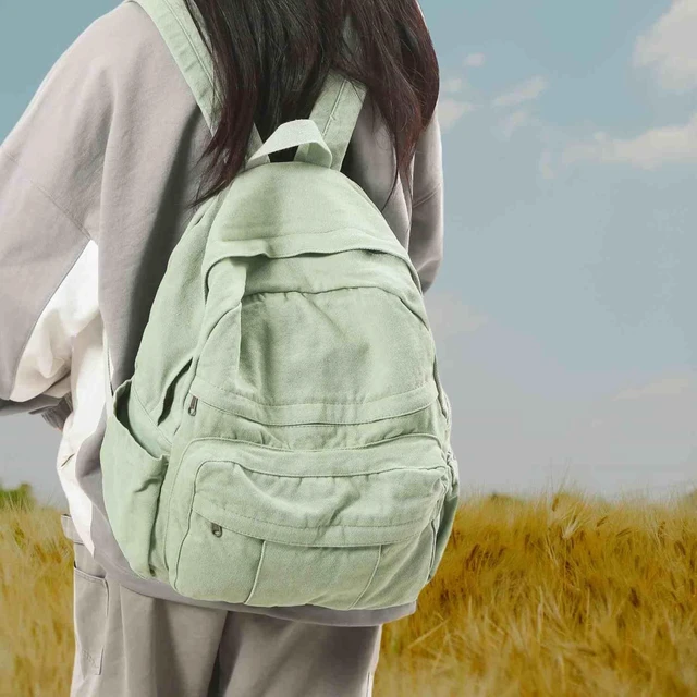 Alt view image 9 of 10 - GAMLFL Sage Green Canvas Backpack for Women Retro Aesthetic Rucksack Basic Backpack for High School/College Students Travel Laptop Bag