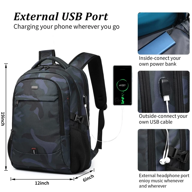 Alt view image 7 of 10 - DUSLANG 17 Inch Travel Laptop Backpack Water Resistant Hiking Backpack for Men Laptop Bag with USB Charging Port,Camouflage green