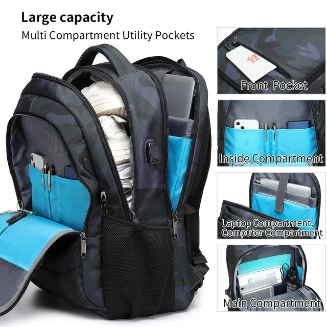 Alt view image 9 of 10 - DUSLANG 17 Inch Travel Laptop Backpack Water Resistant Hiking Backpack for Men Laptop Bag with USB Charging Port,Camouflage green