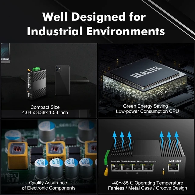Alt view image 9 of 10 - MokerLink 5 Port Gigabit Industrial DIN-Rail Ethernet Switch, 14Gbps Switching Capacity, IP40 Rated Network Switch (-40 to 185F), with UL Power Supply