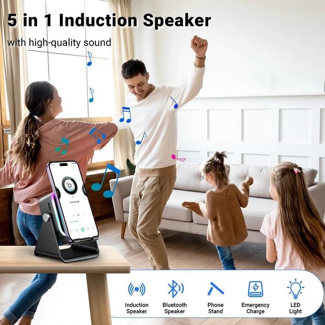 Alt view image 9 of 14 - Induction Speaker with Phone Stand 5 in 1 Wireless Bluetooth Audio Black
