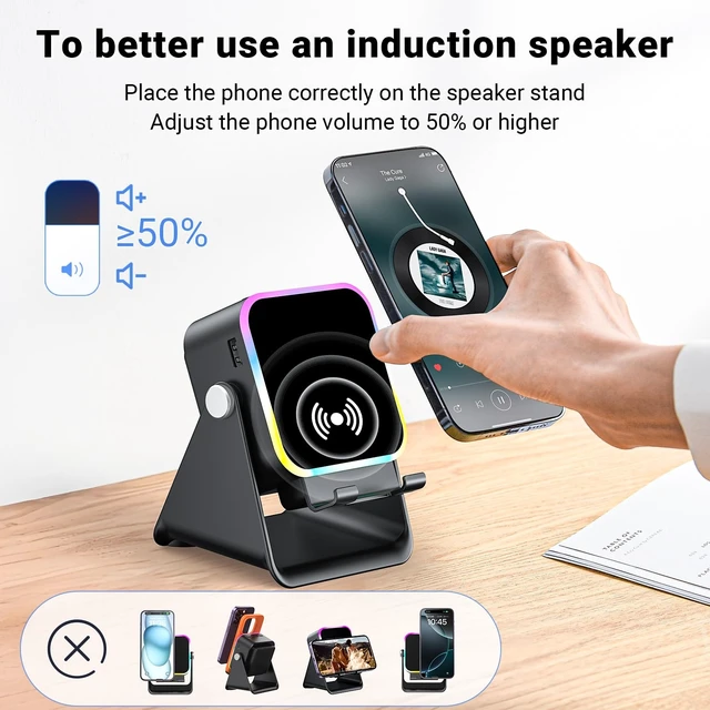 Alt view image 14 of 14 - Induction Speaker with Phone Stand 5 in 1 Wireless Bluetooth Audio Black
