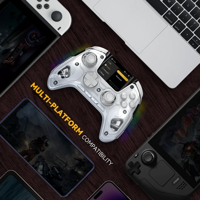 Alt view image 11 of 12 - Interactive Screen Wireless Gaming Controller for PC/Switch/Switch 2/iOS/Android,Hall Effect Stick & Trigger,RGB Lighting,Remappable Buttons,1800mAh with Charging Dock (White)