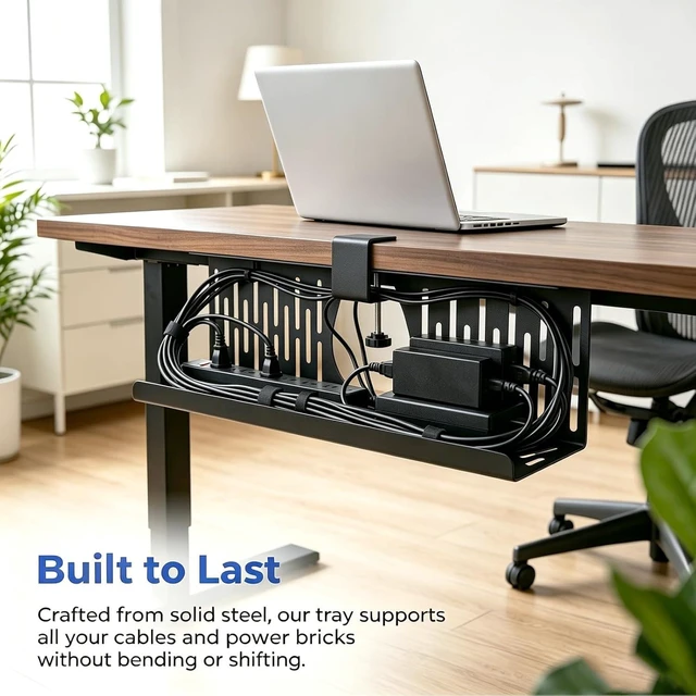 Alt view image 4 of 7 - Under Desk Cable Management Tray, Cord Organizer for Desk Cable Management Tray Under Desk with Clamp for Home Office, Standing Desk Black (2)