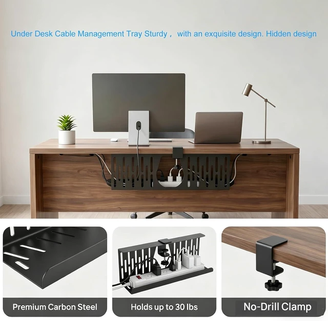 Alt view image 3 of 7 - Under Desk Cable Management Tray, Cord Organizer for Desk Cable Management Tray Under Desk with Clamp for Home Office, Standing Desk Black (2)