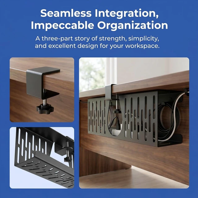 Alt view image 6 of 7 - Under Desk Cable Management Tray, Cord Organizer for Desk Cable Management Tray Under Desk with Clamp for Home Office, Standing Desk Black (2)