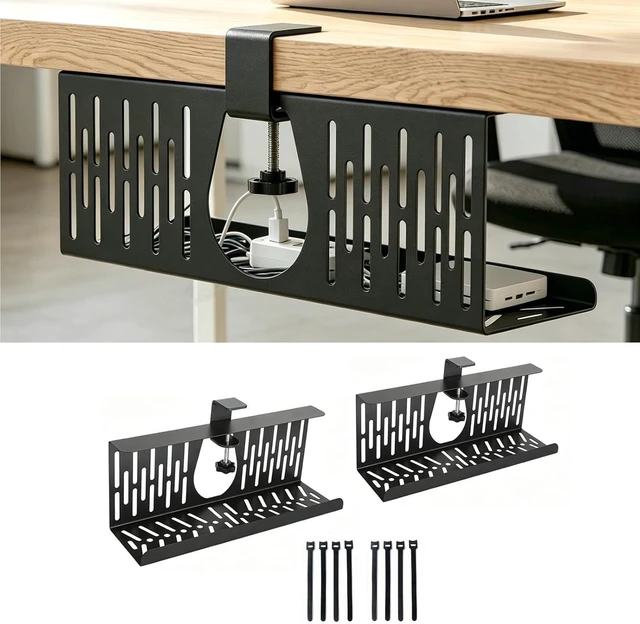 Main image of Under Desk Cable Management Tray, Cord Organizer for Desk Cable Management Tray Under Desk with Clamp for Home Office, Standing Desk Black (2)