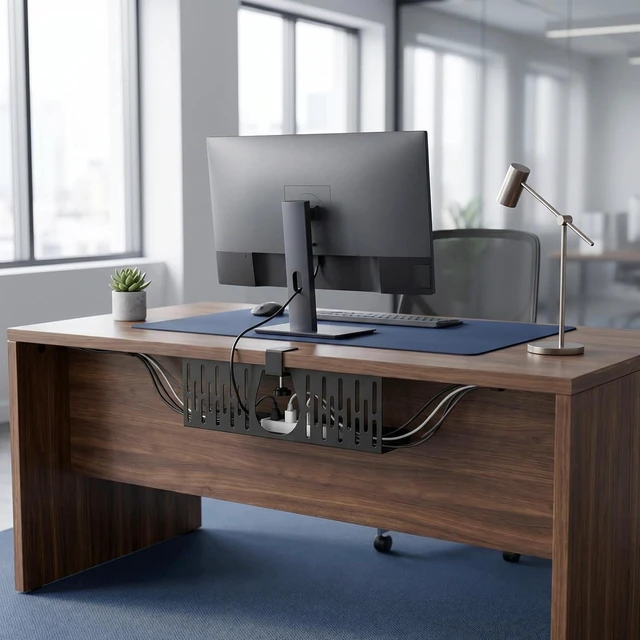 Alt view image 7 of 7 - Under Desk Cable Management Tray, Cord Organizer for Desk Cable Management Tray Under Desk with Clamp for Home Office, Standing Desk Black (2)