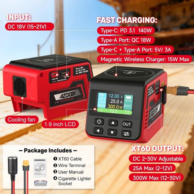 Alt view image 2 of 7 - 300W Adjustable Voltage Regulator Compatible with Milwaukee 18V Battery (Battery Not Included), 230V DC Output, Up to 25A, 140W Type-C PD Fast Charging, 15W Wireless Charger, 1.9" LCD Display
