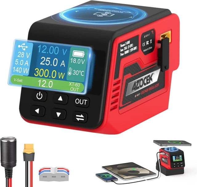Main image of 300W Adjustable Voltage Regulator Compatible with Milwaukee 18V Battery (Battery Not Included), 230V DC Output, Up to 25A, 140W Type-C PD Fast Charging, 15W Wireless Charger, 1.9" LCD Display