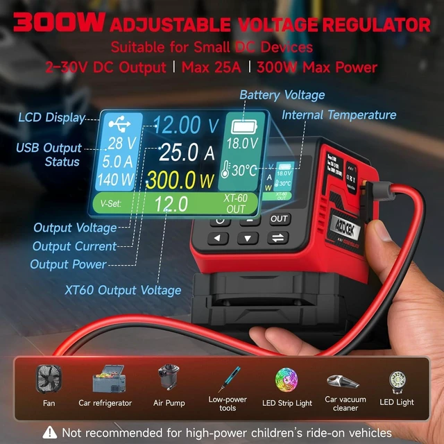 Alt view image 4 of 7 - 300W Adjustable Voltage Regulator Compatible with Milwaukee 18V Battery (Battery Not Included), 230V DC Output, Up to 25A, 140W Type-C PD Fast Charging, 15W Wireless Charger, 1.9" LCD Display