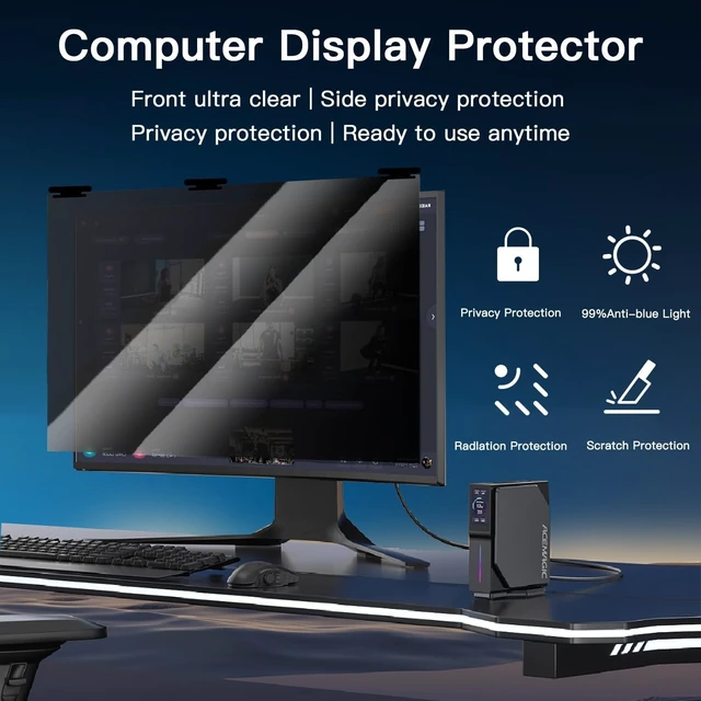 Alt view image 5 of 7 - 2 Pack Magnetic Hanging Computer Privacy Screen 24 Inch for 16:9 Widescreen Monitor, Removable Privacy Screen Anti Glare Blue Light Computer Screen Privacy Shield, Anti-Scratch 24in Protector Film