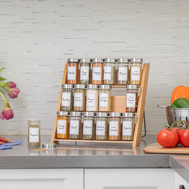Alt view image 5 of 7 - 18 Jar Bamboo Compact Spice Rack with Spices Included & 5-Year Free Spice Refill Program for Countertop or Kitchen Drawer with Glass Jars