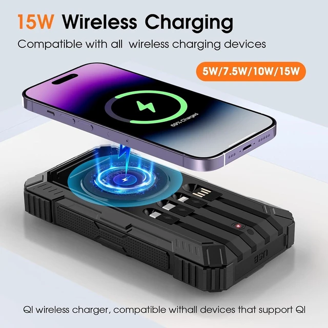 Alt view image 3 of 7 - Solar Power Bank,49800mAh Wireless Portable Phone Charger with 4 Built-in Cables,22.5W Fast Charging USB-C in/Output External Battery Pack for iPhone,Android,Perfect for Hiking/Camping