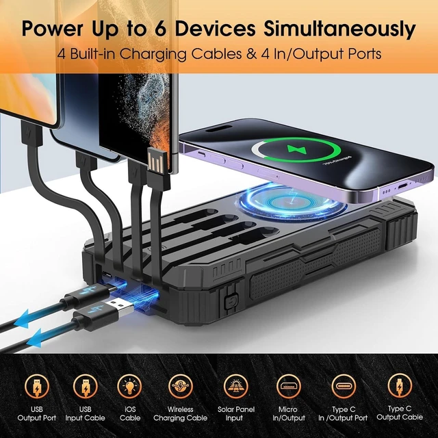 Alt view image 4 of 7 - Solar Power Bank,49800mAh Wireless Portable Phone Charger with 4 Built-in Cables,22.5W Fast Charging USB-C in/Output External Battery Pack for iPhone,Android,Perfect for Hiking/Camping
