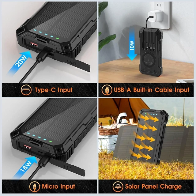 Alt view image 6 of 7 - Solar Power Bank,49800mAh Wireless Portable Phone Charger with 4 Built-in Cables,22.5W Fast Charging USB-C in/Output External Battery Pack for iPhone,Android,Perfect for Hiking/Camping