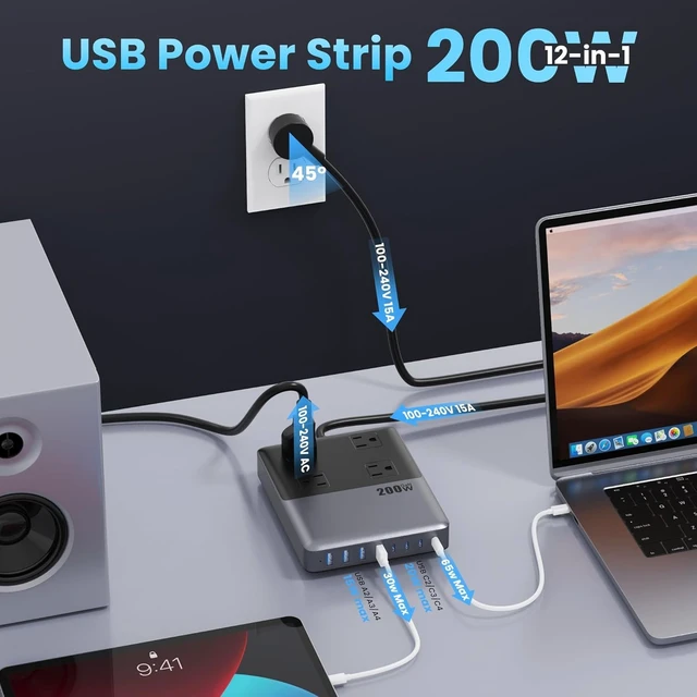 Alt view image 2 of 7 - 12-in-1 Charging Station USB C Power Strip with 5ft Cord and Plug,200W GaN IV USB C Charger Block,4 AC Outlets,8 USB for MacBook,iPhone 17/16/15,Fast Charging Desktop Charger for Office,Home