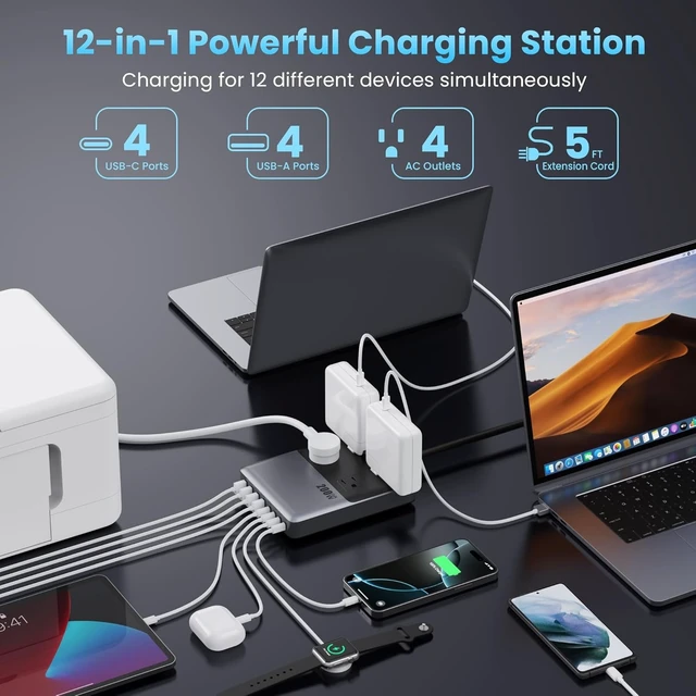 Alt view image 3 of 7 - 12-in-1 Charging Station USB C Power Strip with 5ft Cord and Plug,200W GaN IV USB C Charger Block,4 AC Outlets,8 USB for MacBook,iPhone 17/16/15,Fast Charging Desktop Charger for Office,Home
