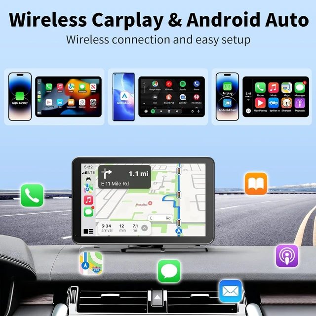 Alt view image 2 of 7 - CarPlay Screen for Car, 9'' Wireless CarPlay & Android Auto - Smart Portable Touchscreen with Bluetooth/FM, Mirror Link, Voice Control, GPS Navigation, Hands-Free Calling, Plug & Play Car Play Screen