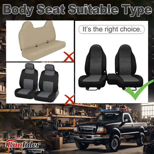 Alt view image 7 of 7 - 2Pcs 60/40 Cloth High Back Bench Seat Cover Fit for Ford Ranger XLT Front 1998 1999 2000 2001 2002 2003 Without Console Cover Black