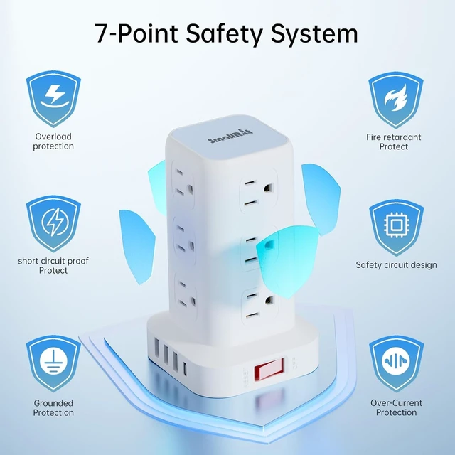 Alt view image 3 of 7 - Power Strip with 12 Outlets 4 USB (1 USB C), 6.5Feet Extension Cord with Multiple Outlets, Charging Station, Power Strip Tower, Home Office Desk Supplies