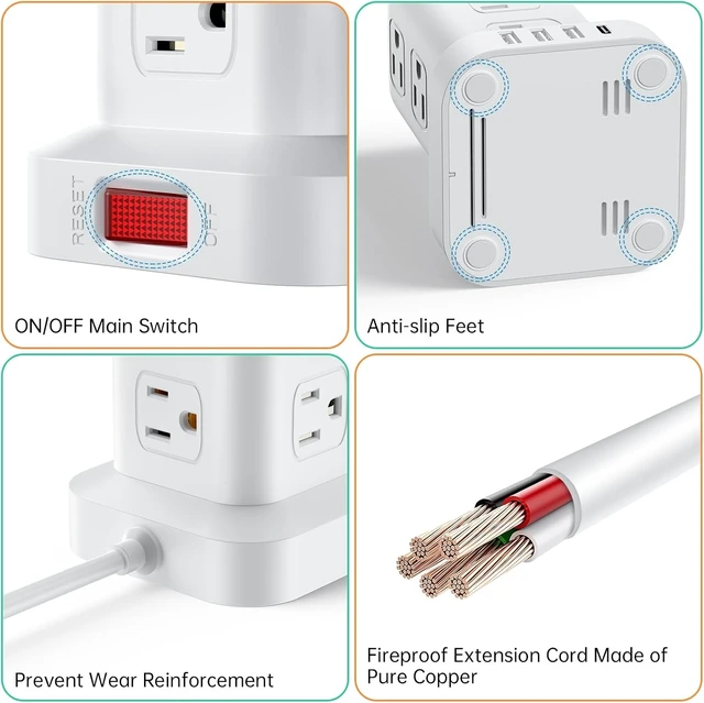 Alt view image 5 of 7 - Power Strip with 12 Outlets 4 USB (1 USB C), 6.5Feet Extension Cord with Multiple Outlets, Charging Station, Power Strip Tower, Home Office Desk Supplies