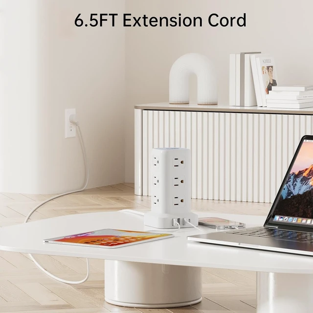 Alt view image 4 of 7 - Power Strip with 12 Outlets 4 USB (1 USB C), 6.5Feet Extension Cord with Multiple Outlets, Charging Station, Power Strip Tower, Home Office Desk Supplies