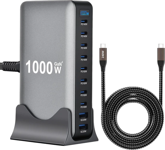Main image of 1000W 10-Port GaN 4 Desktop Charging Station with 240W 6.6 ft Data Cable - Compatible with Tablets, Phones, Laptops, Gaming Consoles, Headphones