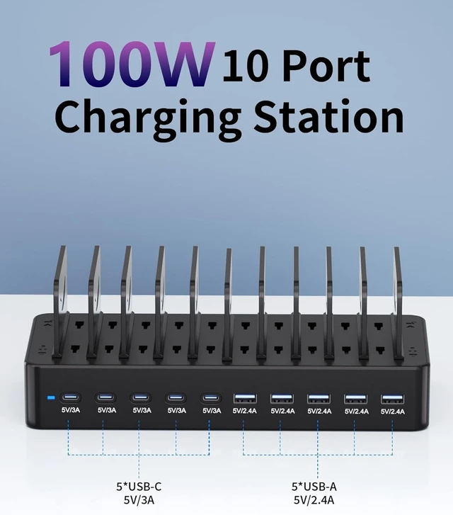 Alt view image 2 of 7 - 100W Charging Station for Multiple Devices, 10-Port USB Fast Charger, Black
