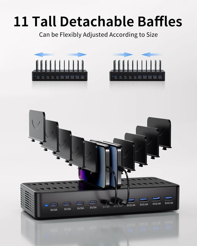 Alt view image 5 of 7 - 100W Charging Station for Multiple Devices, 10-Port USB Fast Charger, Black