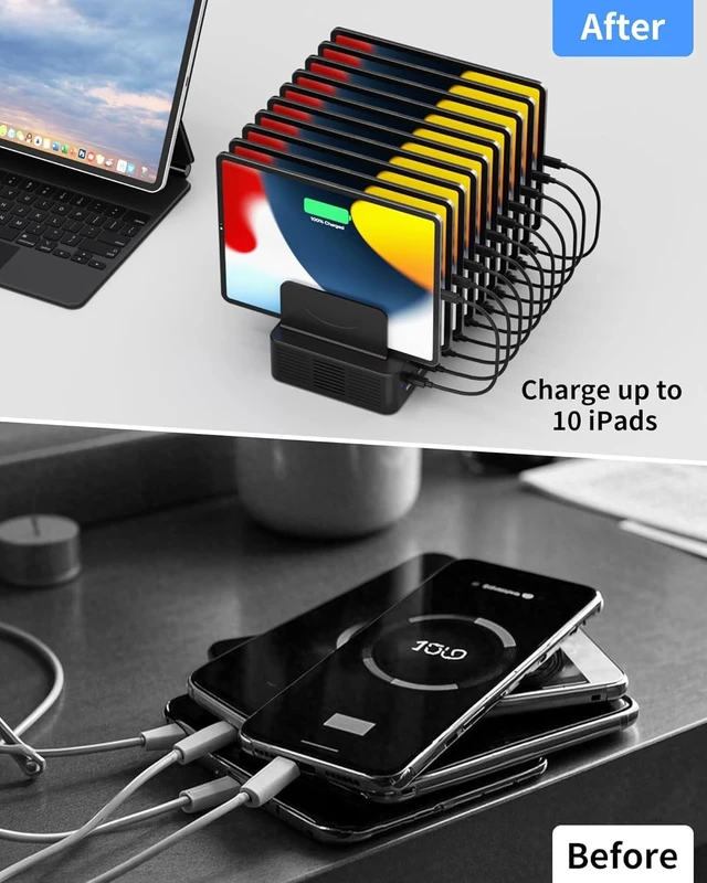 Alt view image 6 of 7 - 100W Charging Station for Multiple Devices, 10-Port USB Fast Charger, Black