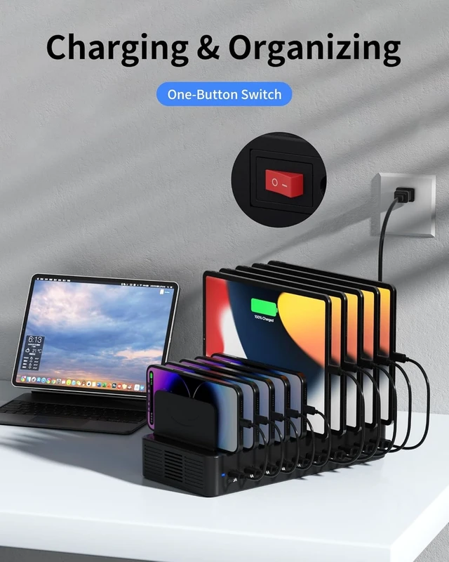 Alt view image 7 of 7 - 100W Charging Station for Multiple Devices, 10-Port USB Fast Charger, Black