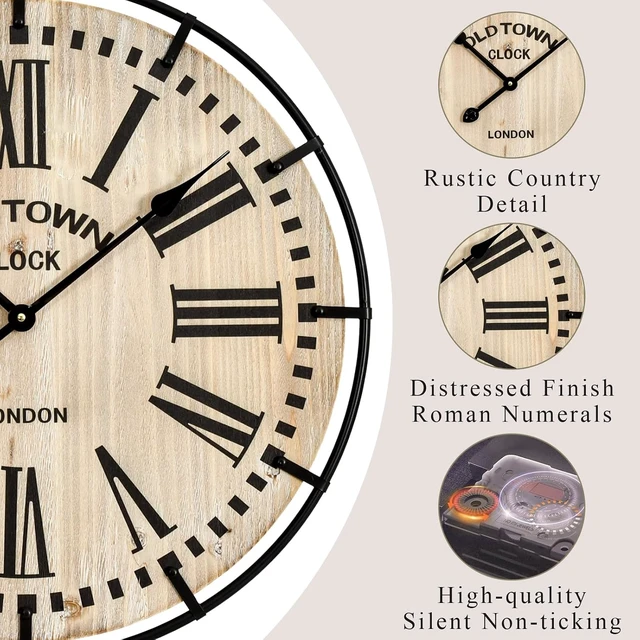Alt view image 5 of 7 - Rustic Farmhouse Wall Clock 24 Inch, Vintage Oldtown London Wooden Large Clock with Silent Tick, for Bedroom, Office, Kitchen, Indoor Home Decoration