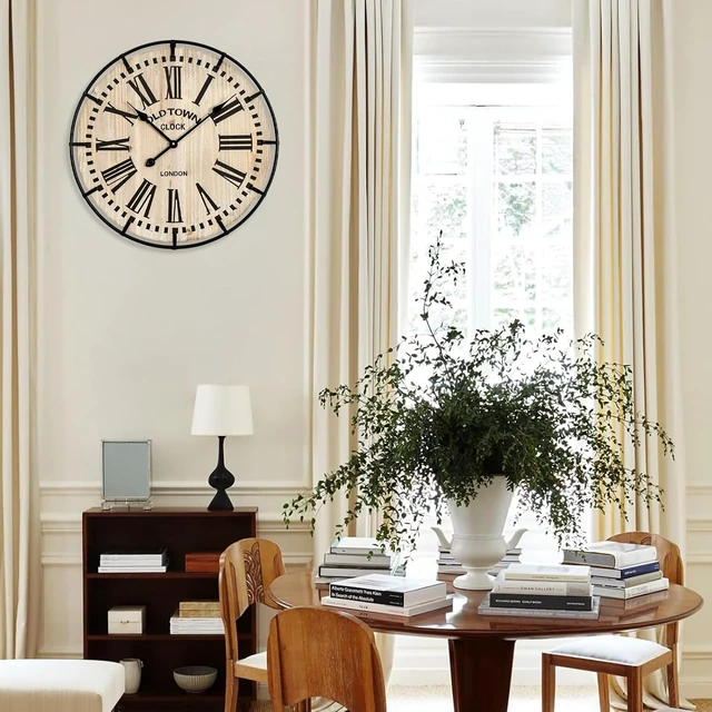 Alt view image 7 of 7 - Rustic Farmhouse Wall Clock 24 Inch, Vintage Oldtown London Wooden Large Clock with Silent Tick, for Bedroom, Office, Kitchen, Indoor Home Decoration
