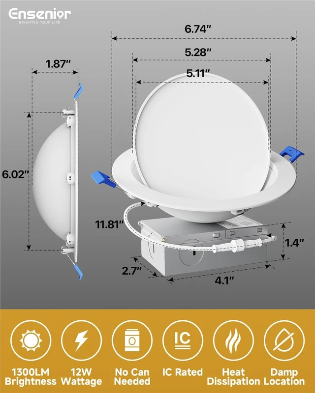Alt view image 5 of 7 - 4 Pack 6 Inch LED Eyeball Gimbal Recessed Light, 5CCT Dimmable