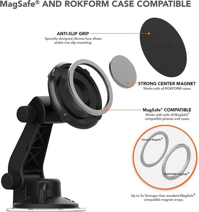 Alt view image 4 of 7 - - Adjustable Magnetic Windshield Phone Holder, Compatible with MagSafe Phone Cases and Cases, Strong Suction Cup, 210° Tilt, 360° Rotation