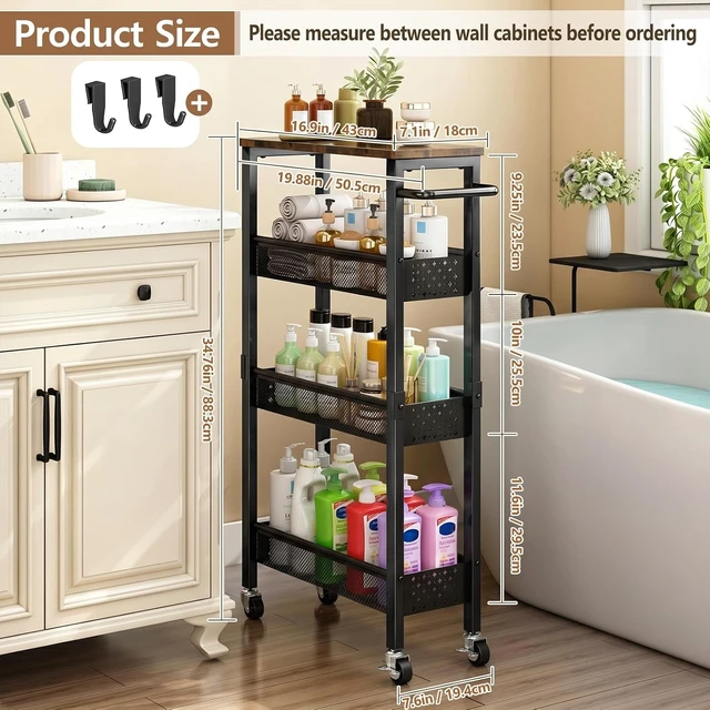 Alt view image 7 of 7 - Slim Storage Cart with Wheels, 4 Tier Metal Rolling Organizer with Wood Top and Handle, Narrow Utility Shelf for Kitchen Bathroom Laundry Room, Black