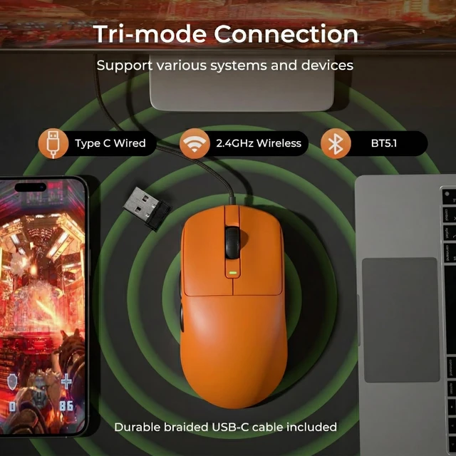 Alt view image 3 of 7 - Wireless Gaming Mouse, 43g Ultra-Lightweight Computer Mouse with 2.4GHz/Bluetooth/USB-C, 24000 DPI, Rechargeable PC Game Mice with 5 Programmable Buttons for Win/Mac, Orange