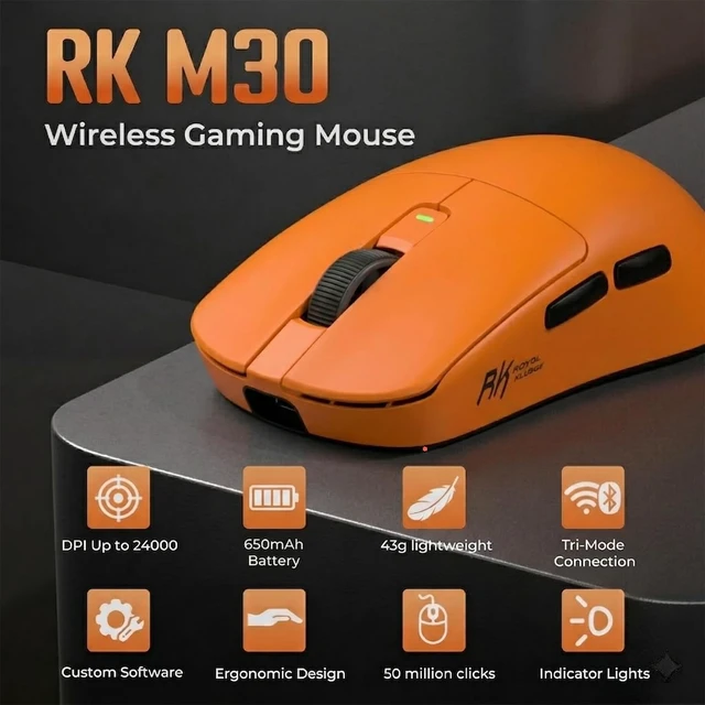 Alt view image 2 of 7 - Wireless Gaming Mouse, 43g Ultra-Lightweight Computer Mouse with 2.4GHz/Bluetooth/USB-C, 24000 DPI, Rechargeable PC Game Mice with 5 Programmable Buttons for Win/Mac, Orange