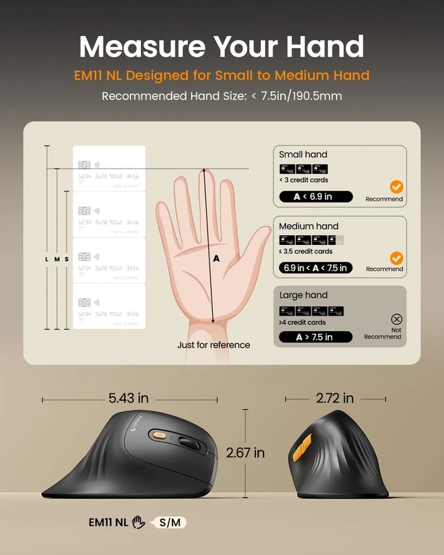 Alt view image 2 of 7 - EM11 NL Wireless Ergonomic Vertical Mouse, Rechargeable, Black | 58° vertical design supports a natural wrist posture, connect 3 devices via Bluetooth/2.4G USB-A, 500mAh USB-C rechargeable.