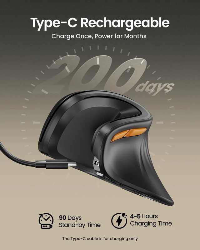 Alt view image 5 of 7 - EM11 NL Wireless Ergonomic Vertical Mouse, Rechargeable, Black | 58° vertical design supports a natural wrist posture, connect 3 devices via Bluetooth/2.4G USB-A, 500mAh USB-C rechargeable.