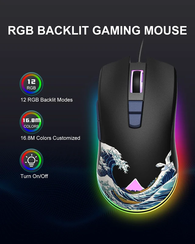 Alt view image 2 of 7 - Womier USB Wired Gaming Mouse for PC Computer Windows Mac Laptop | Lightweight Silent RGB Backlit Mouse with Adjustable 12000DPI/7 Programmable Side Buttons, Black Kanagawa Theme-G705 V2