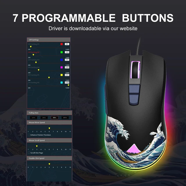 Alt view image 5 of 7 - Womier USB Wired Gaming Mouse for PC Computer Windows Mac Laptop | Lightweight Silent RGB Backlit Mouse with Adjustable 12000DPI/7 Programmable Side Buttons, Black Kanagawa Theme-G705 V2